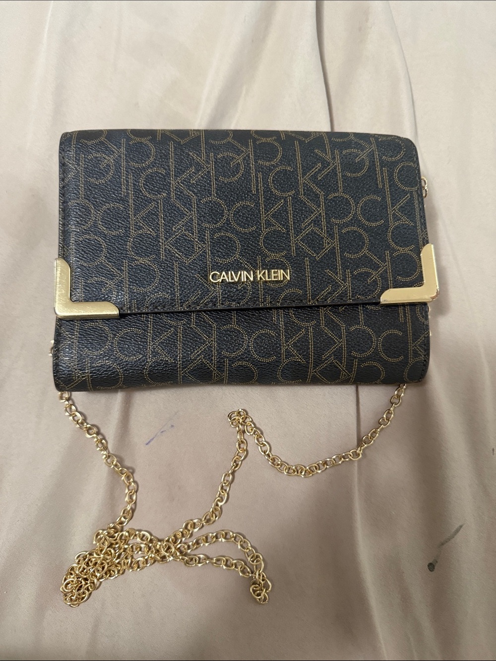 Calvin Klein Black Monogram Chain Crossbody with Gold Accents